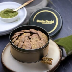 Premium Matcha with Macadamia and Valrhona Chocolate Cookies- Midnight Black Metal Container